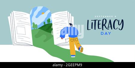 Happy Literacy day greeting card illustration of young man running to open book door. Reading story concept, imagination landscape design for septembe Stock Vector