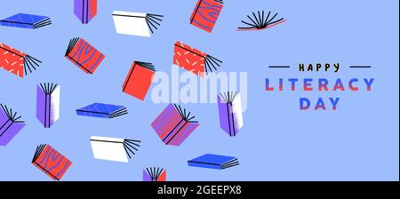 International Literacy day greeting card illustration of retro colorful book cartoon background for september 8 celebration event. Open books and text Stock Vector