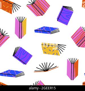 Modern colorful book doodle seamless pattern. Open books cartoon background for bookstore or reading festival concept. Stock Vector