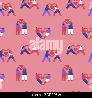 Couples yoga seamless pattern illustration of young people in love doing diverse fitness meditation poses with heart shapes. Romantic cartoon characte Stock Vector