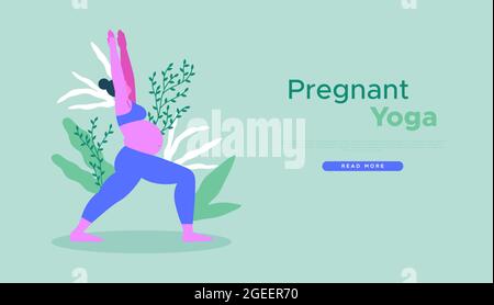 Pregnant yoga web template illustration of young mom with green plant leaf doing meditation exercise pose. Healthy mother physical activity or prenata Stock Vector