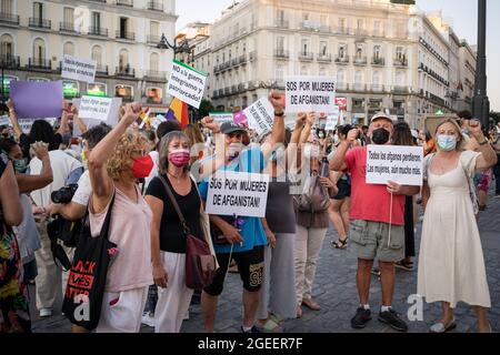 Madrid, Spain. 19th Aug, 2021. Protesters hold placards during the demonstration.Madrid Feminist groups held a protest at the central Puerta Del Sol square, in support of the Afghanistan women and against the repression of the Taliban. (Photo by Diego Radames/SOPA Images/Sipa USA) Credit: Sipa USA/Alamy Live News Stock Photo