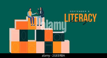 Happy literacy day greeting card illustration of colorful book pile with reading typography quote and young people talking. September 8 celebration ev Stock Vector