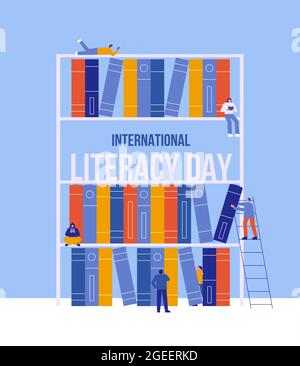 International Literacy Day greeting card illustration of young people group reading books together in library book shelf. Modern flat cartoon, college Stock Vector