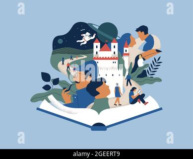 Open book story concept of creative literature imagination with people and fairy tale landscape. Includes romance novel character, nature education, s Stock Vector