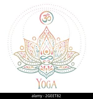 Yoga meditation illustration concept of traditional indian style lotus flower decoration with om symbol on isolated background. Stock Vector
