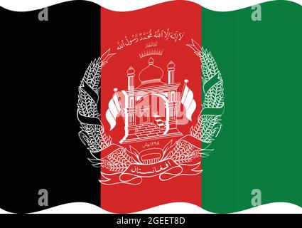 Wavy National flag of Afghanistan original size and colors vector illustration, Islamic Republic of Afghanistan flag national emblem coat of arms Stock Vector