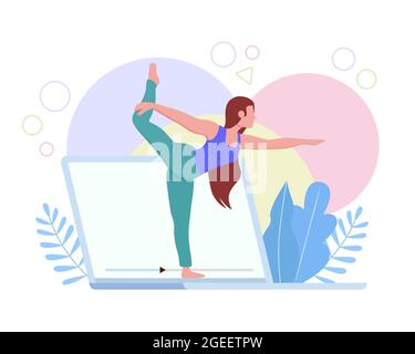 Young woman doing yoga pose at home on remote virtual computer class. Quarantine lifestyle or health exercise concept. Stock Vector