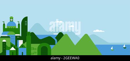 Green city landscape with mountain, river and blue sky view. Modern flat geometric cartoon of peaceful eco friendly town, includes copy space. Stock Vector