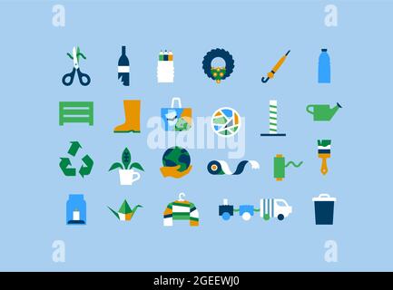 Upcycle eco friendly cartoon icon set. Modern flat geometric sign collection with recycled DIY home objects, green planet and arrow symbol on isolated Stock Vector