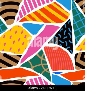 Colorful abstract paper collage seamless pattern illustration. Hand made geometric mosaic pieces with funny color art background. Stock Vector