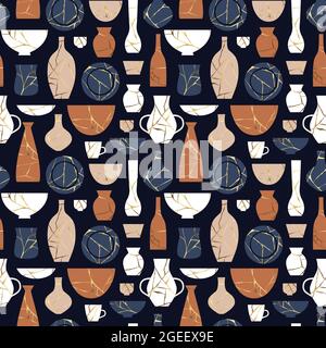 Kintsugi ceramic pottery decoration seamless pattern. Traditional japanese culture vase and jar background, home decor minimalist wallpaper. Stock Vector