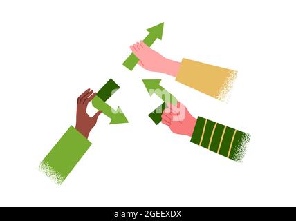 Upcycling ecology care illustration concept. Diverse young people team holding green upcycle arrow sign together on isolated white background. Stock Vector