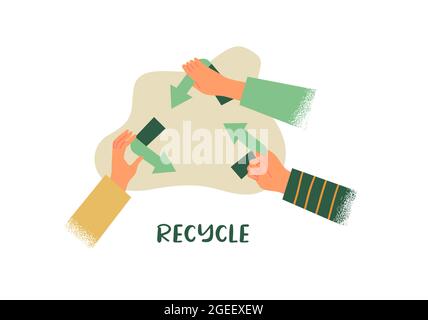 Recycling eco friendly illustration concept. Young people team holding green recycle arrow sign together on isolated white background. Stock Vector