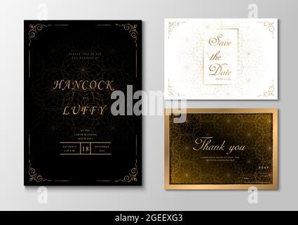 Luxury wedding invitation card template. Elegant with golden lines circle overlapping on black, white and gold background Stock Vector