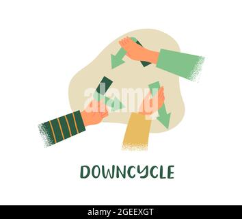 Downcycling eco friendly illustration concept. Young people team holding green downcycle arrow sign together on isolated white background. Stock Vector