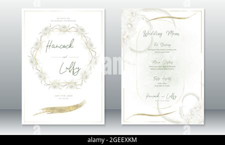 Luxury wedding invitation card template.Elegant with golden frame and floral wreath. Vector illustration.Eps10 Stock Vector