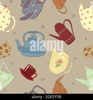 Vector seamless pattern with kettles, cups, saucers, coffee beans for print on paper, textile, fabrics, wallpaper, dishes Stock Vector