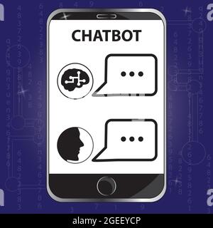Chatbot technology icon, the chatbot in the brain, chatbot dialog window with automatic messages on a smartphone screen helpdesk Stock Vector
