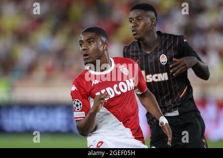 Monaco, Monaco, 17th August 2021. Myron Boadu of AS Monaco is closely marked by Vitao of FC Shakhtar Donetsk  during the UEFA Champions League match at Stade Louis II, Monaco. Picture credit should read: Jonathan Moscrop / Sportimage Stock Photo