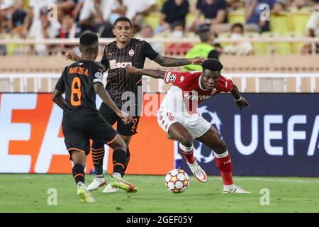 Monaco, Monaco, 17th August 2021. Dodo of FC Shakhtar Donetsk looks on as Aurelien Tchouameni of AS Monaco runs at Marcos Antonio of FC Shakhtar Donetsk during the UEFA Champions League match at Stade Louis II, Monaco. Picture credit should read: Jonathan Moscrop / Sportimage Stock Photo