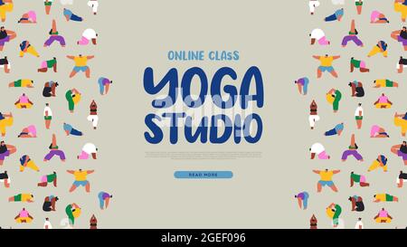 Yoga studio web template illustration for online virtual gym class concept. Diverse young people crowd doing exercise poses, internet fitness page bac Stock Vector