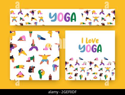 I love yoga banner illustration set with seamless pattern for healthy lifestyle or leisure activity concept. Diverse young people group doing exercise Stock Vector