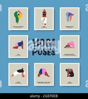 Set of different yoga pose list with names and funny young people cartoon. Diverse characters doing healthy fitness exercise. Includes tree, cow, came Stock Vector
