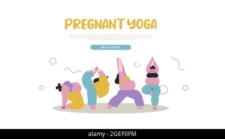 Pregnant yoga web template illustration of young mom team with pregnancy belly doing meditation exercise pose. Healthy mother physical activity or pre Stock Vector