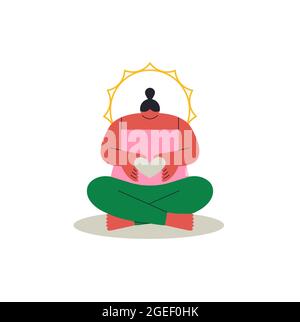 Young woman character doing yoga meditation pose with heart shape in modern flat cartoon style. Fitness love concept or spiritual chakra connection il Stock Vector