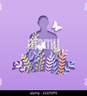 Papercut man body silhouette doing lotus yoga pose with 3d paper cut plant leaf and butterfly. Nature connection concept for healthy lifestyle or peac Stock Vector