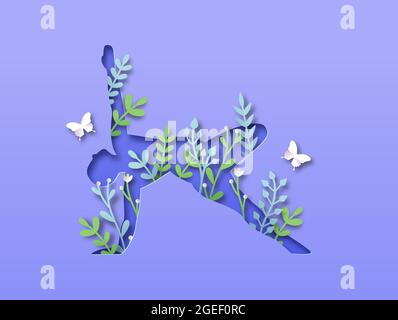 Papercut man body silhouette doing side plank yoga pose with 3d paper cut plant leaf and butterfly. Nature connection concept for healthy lifestyle or Stock Vector