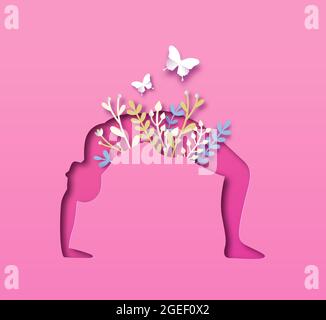 Woman body silhouette doing yoga backbend pose. Healthy fitness lifestyle concept with nature leaf decoration. Asana meditation for wellness. Stock Vector