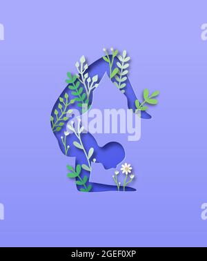 Papercut man body silhouette doing yoga pose with 3d paper cut plant leaf and flower. Nature connection concept for healthy lifestyle or peaceful rela Stock Vector