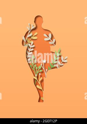 Papercut fat people body silhouette doing tree yoga pose with 3d paper cut plant leaf decoration. Overweight concept for natural weight loss journey. Stock Vector