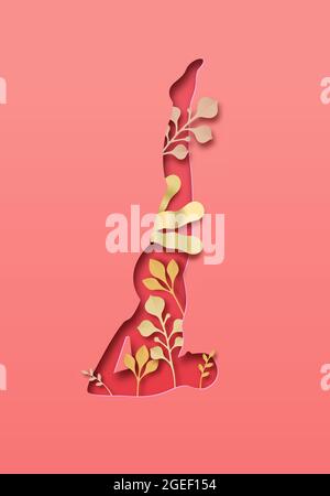 Woman body silhouette doing yoga shoulder stand pose. Healthy fitness lifestyle concept with nature leaf decoration. Asana meditation for wellness. Stock Vector