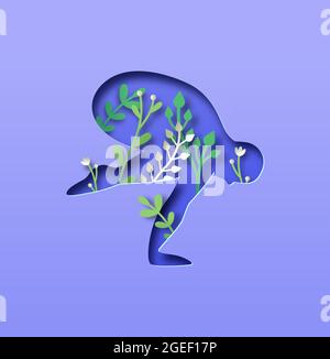 Papercut man body silhouette doing crow yoga pose with 3d paper cut plant leaf and flower. Nature connection concept for healthy lifestyle or peaceful Stock Vector