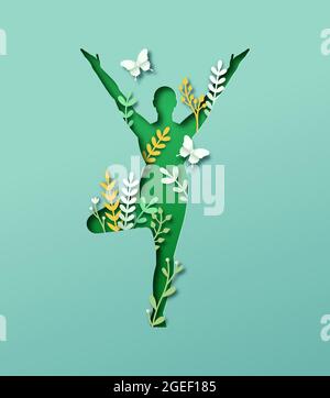 Papercut man body silhouette doing tree yoga pose with 3d paper cut plant leaf and butterfly. Nature connection concept for healthy lifestyle or peace Stock Vector