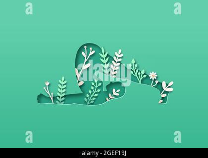 Woman body silhouette doing yoga plough pose. Healthy fitness lifestyle concept with nature leaf decoration. Asana meditation for wellness. Stock Vector