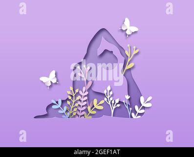 Papercut man body silhouette doing king pigeon yoga pose with 3d paper cut plant leaf and butterfly. Nature connection concept for healthy lifestyle o Stock Vector