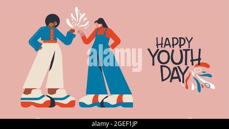 Happy youth day greeting card of girl friends doing fist bump hand gesture for special friend holiday event. Modern flat cartoon style illustration, b Stock Vector
