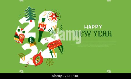 Happy New year 2022 greeting card template illustration with vintage nordic style decoration and winter animals. Retro folk deer, pine tree, bauble or Stock Vector