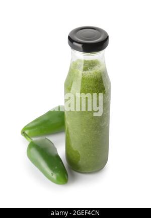 Bottle of Tomatillo Salsa Verde sauce on white background Stock Photo