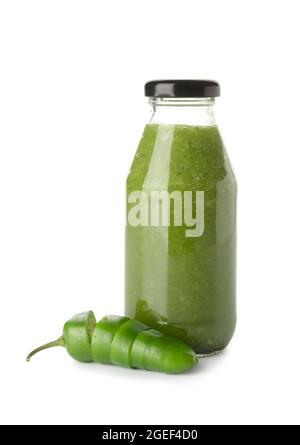 Bottle of Tomatillo Salsa Verde sauce on white background Stock Photo