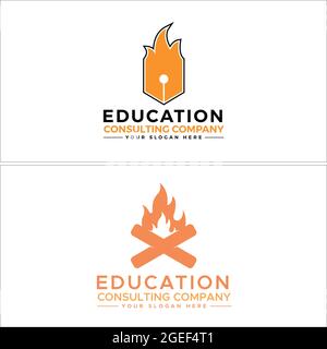 Orange icon symbol fire initial wood pen education logo design Stock Vector