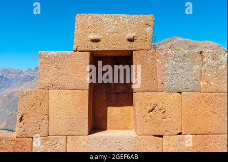 Inca wall architecture in Pisac, Cusco region, Peru. Stock Photo