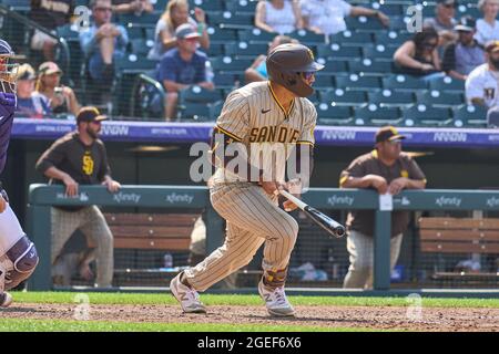 August 18 2021: San Diego center fielder Trent Grisham (2) gets a hit during the game with San Diego Padres and Colorado Rockies held at Coors Field in Denver Co. David Seelig/Cal Sport Medi Stock Photo