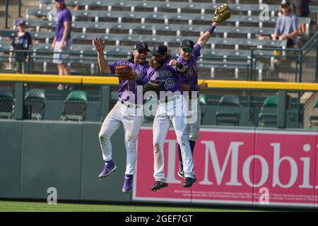 May 4 2022: Colorado designated hitter Charlie Blackmon (19) gets a hit  during the game with Washington Nationals and Colorado Rockies held at  Coors Field in Denver Co. David Seelig/Cal Sport Medi