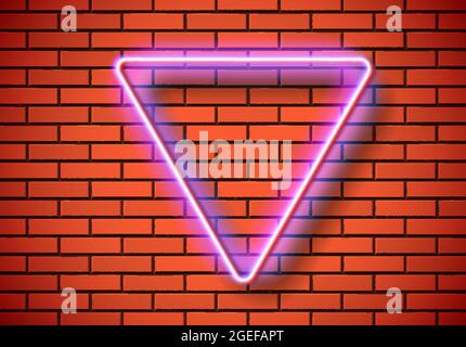 Neon frame with triangle shape on the red brick wall. Classic rectangular 80s styled shiny glowing neon sign. Stock Vector