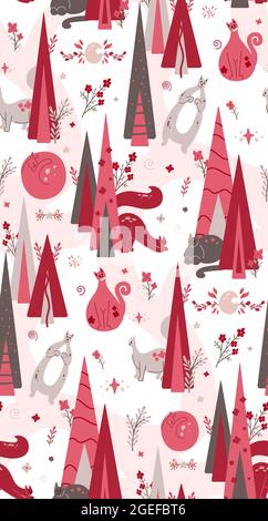 Delicate pattern with stylized fir trees, stars, flowers and cute cats. Vector baby pink texture with kittens on a forest walk. Animalistic wallpaper Stock Vector